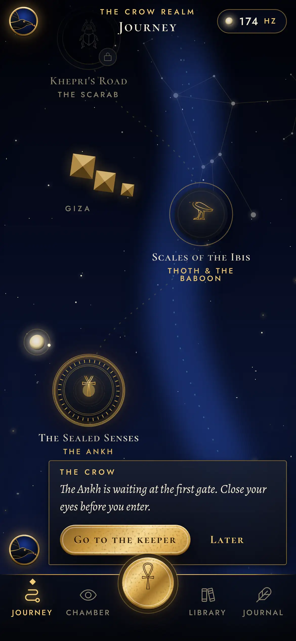 The Soul Crow Journey map in the Crow realm: mission medallions along a river of stars