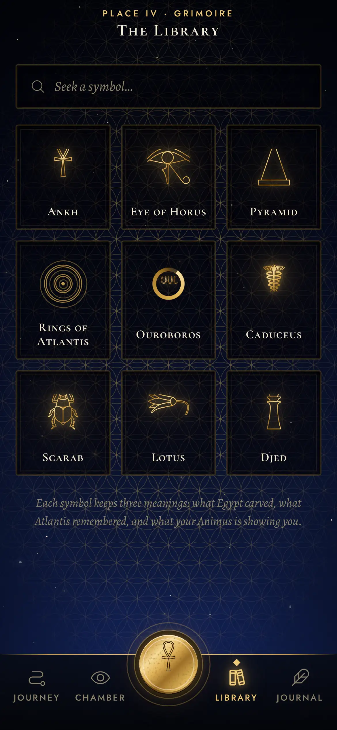 The Library in Soul Crow: nine gold symbols on dark tiles