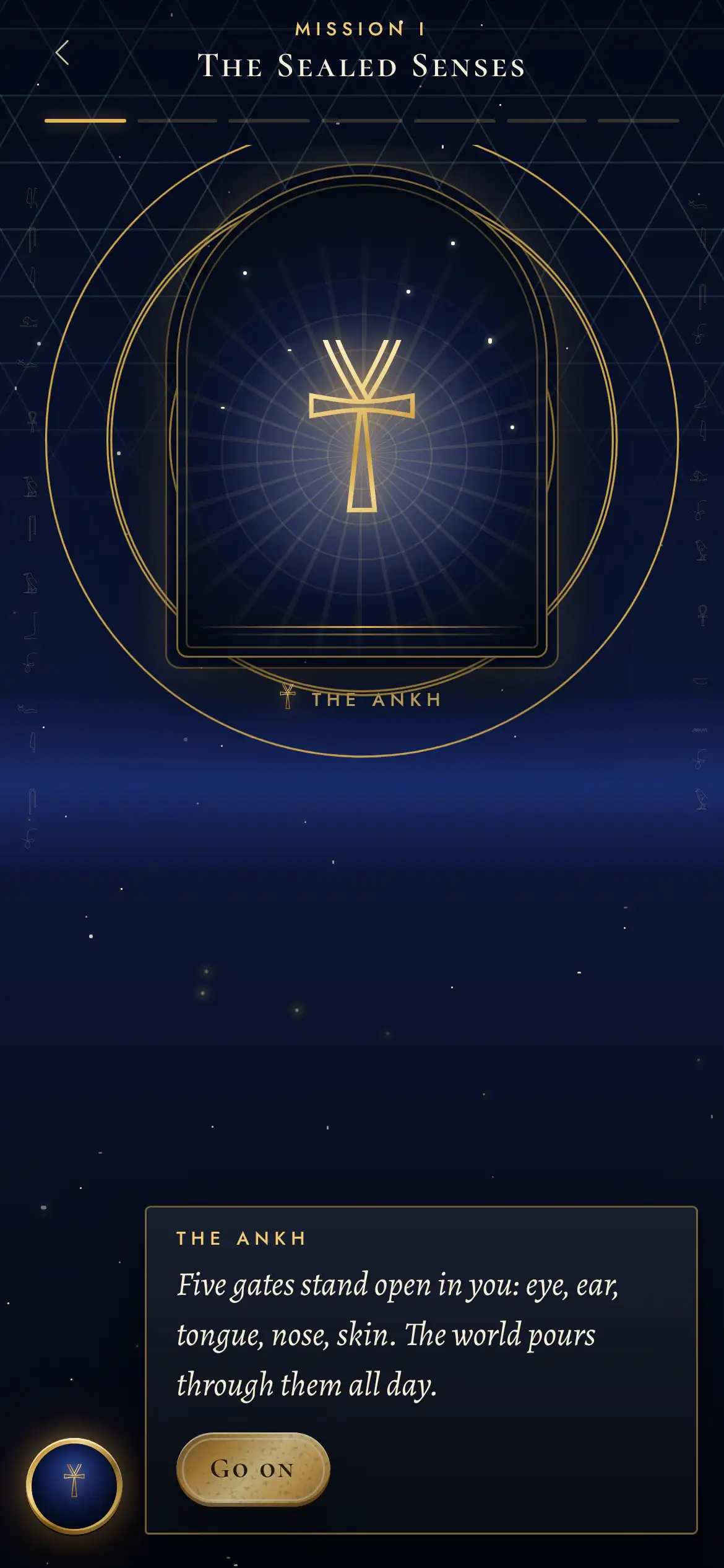 A mission in Soul Crow: the Ankh glows in a gold arch and speaks from a dark tablet above the Go on button