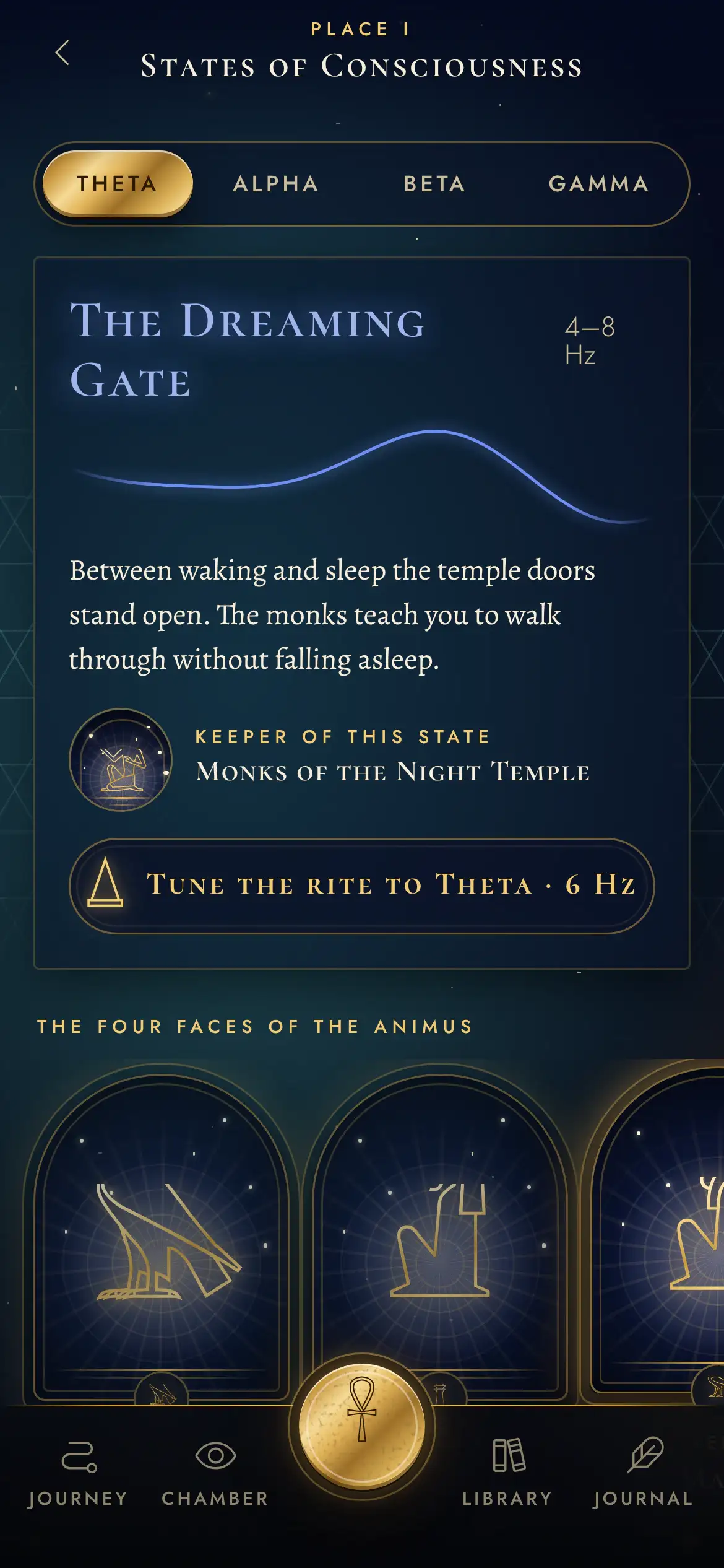 States of Consciousness in Soul Crow: four states in tabs, the Theta card with its wave, and the four faces of the Animus in gold arches on night blue