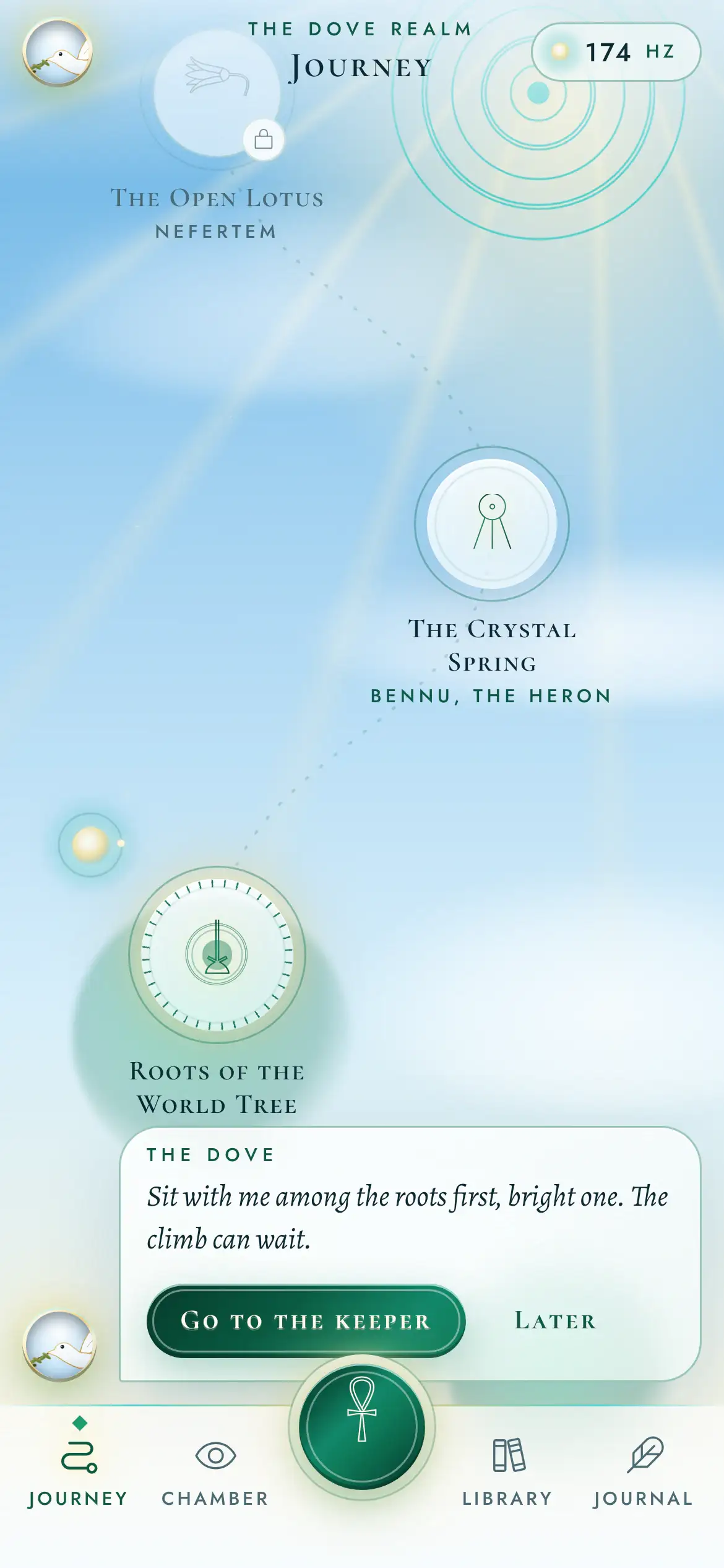 The Soul Crow Journey map in the Dove realm: mission medallions along a path of light among the clouds