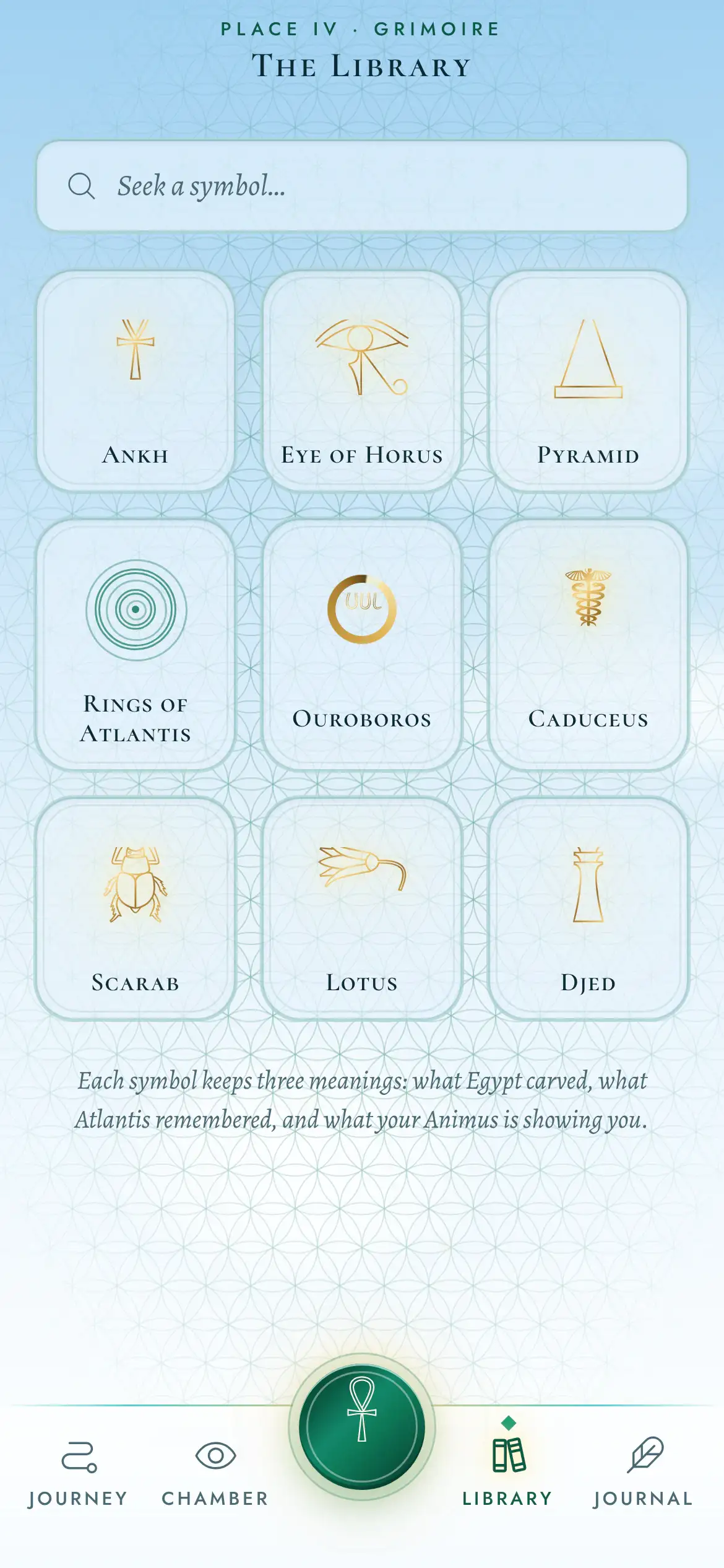 The Library in Soul Crow: nine gold symbols on cloud-glass tiles