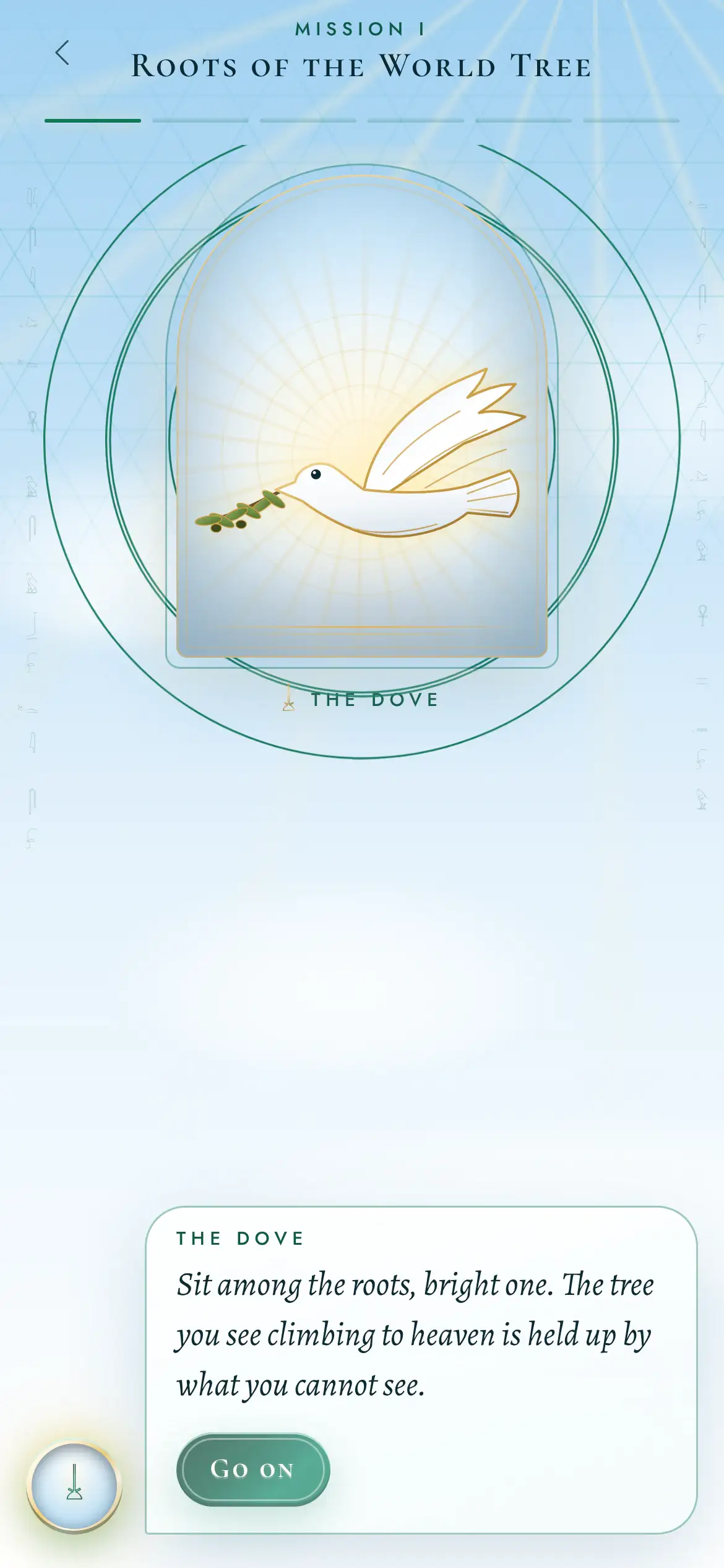 A mission in Soul Crow: the Dove rests in a cloud-glass arch and speaks from a white panel above the Go on button