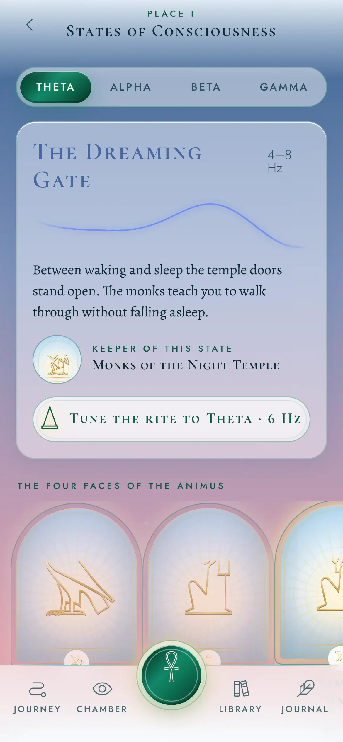 States of Consciousness in Soul Crow: four states in tabs, the Theta card with its wave, and the four faces of the Animus in a pink and lilac sky